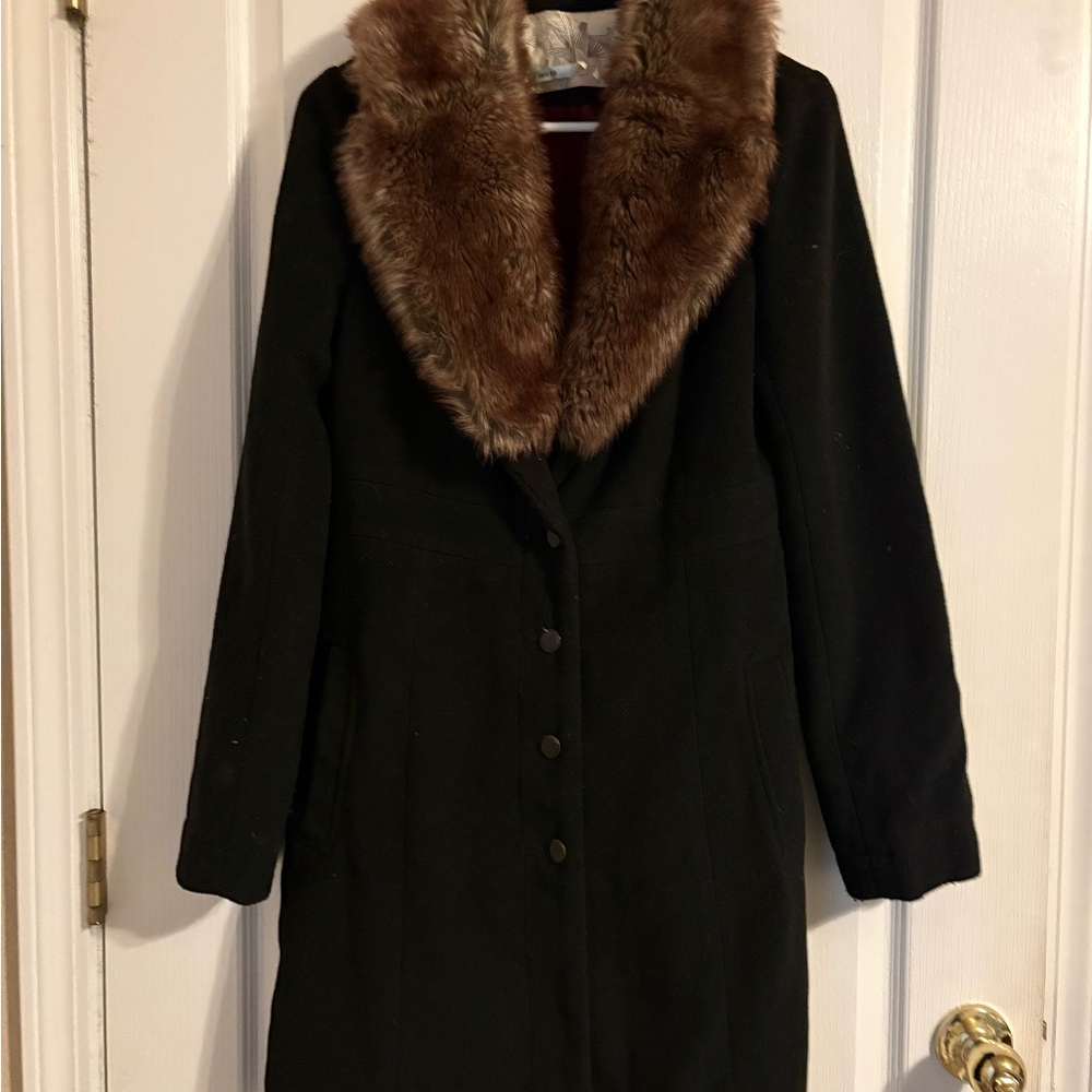 Kimchi Blue Black Pea Coat Brown Faux Fur Collar Wool Blend Medium Preppy Chic